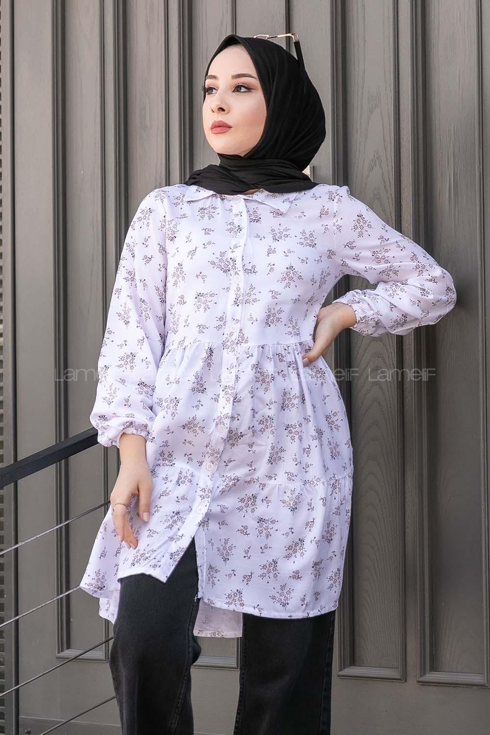 Modalamelif Önü Düğmeli Çiçek Desenli Tunik Beyaz