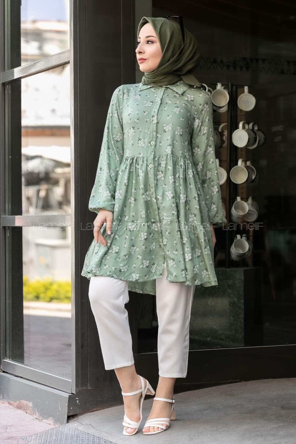 Modalamelif Önü Düğmeli Çiçek Desenli Tunik Çağla Yeşili