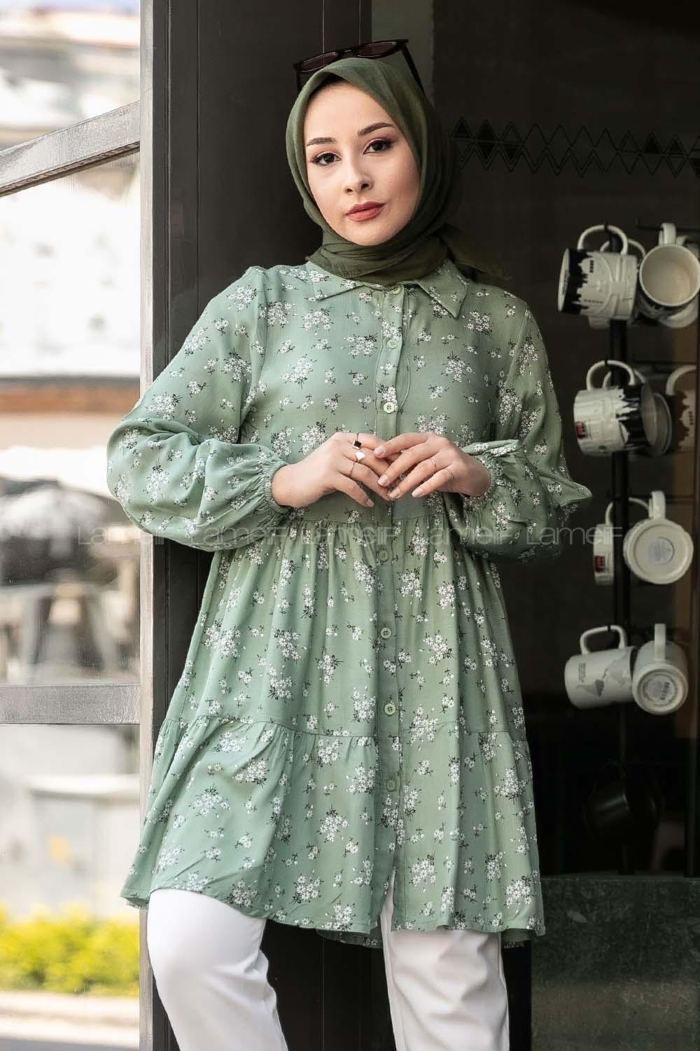 Modalamelif Önü Düğmeli Çiçek Desenli Tunik Çağla Yeşili