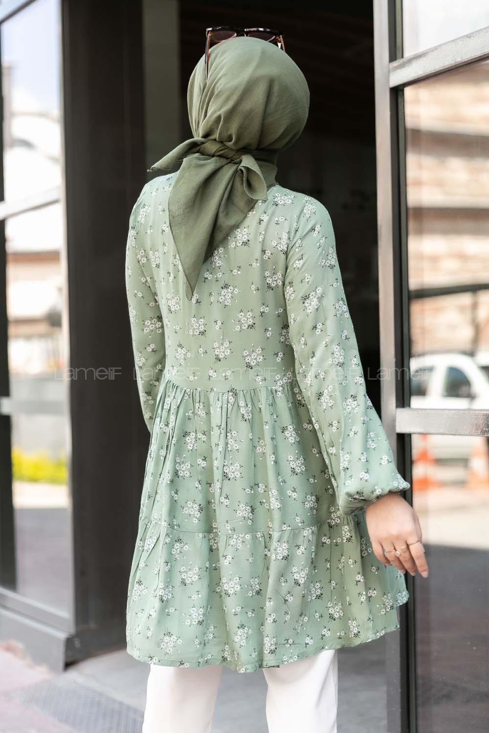 Modalamelif Önü Düğmeli Çiçek Desenli Tunik Çağla Yeşili