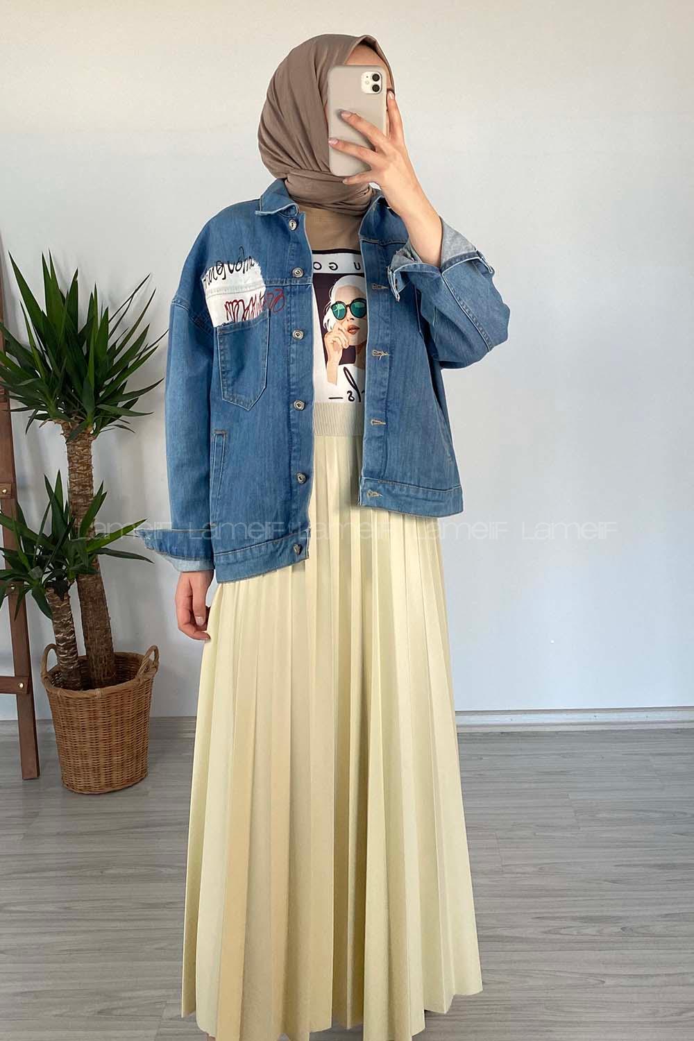 Modalamelif Önü Düğmeli Çift Cepli Kot Ceket Açık Mavi