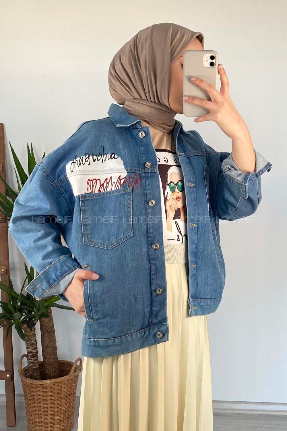 Modalamelif Önü Düğmeli Çift Cepli Kot Ceket Açık Mavi