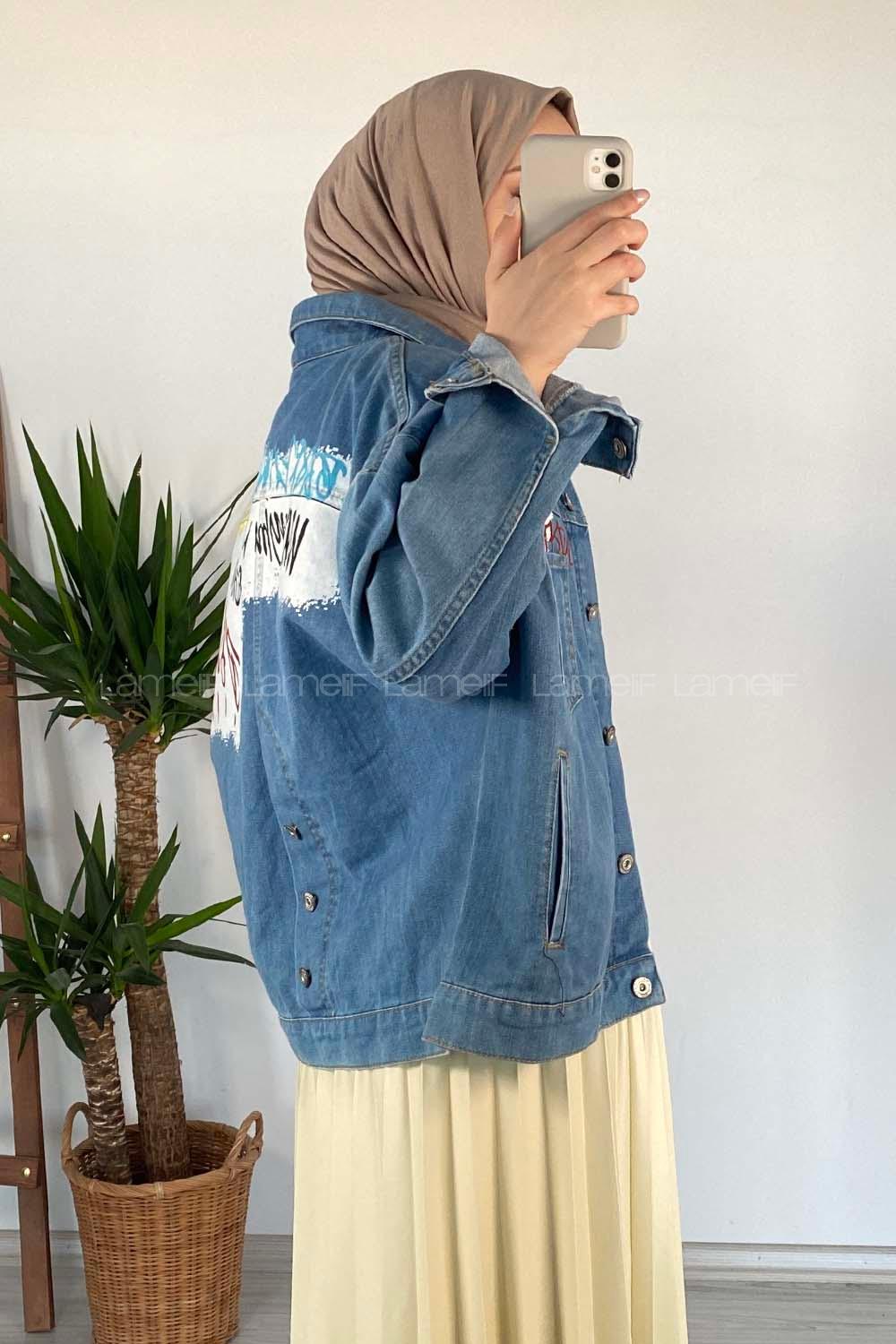 Modalamelif Önü Düğmeli Çift Cepli Kot Ceket Açık Mavi