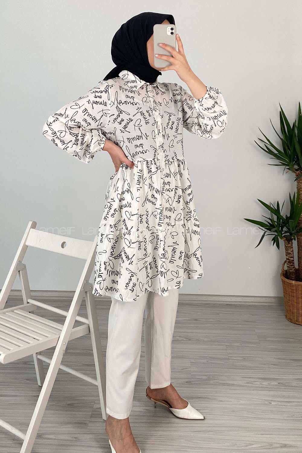 Modalamelif Önü Düğmeli Yazı Baskılı Tunik Ekru