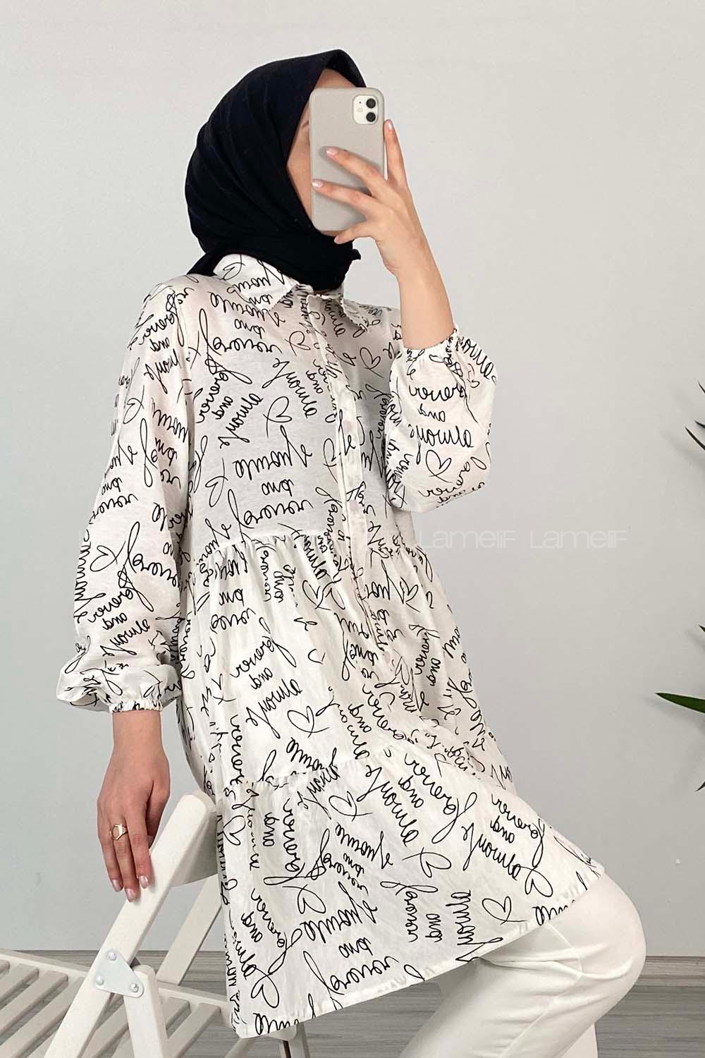 Modalamelif Önü Düğmeli Yazı Baskılı Tunik Ekru