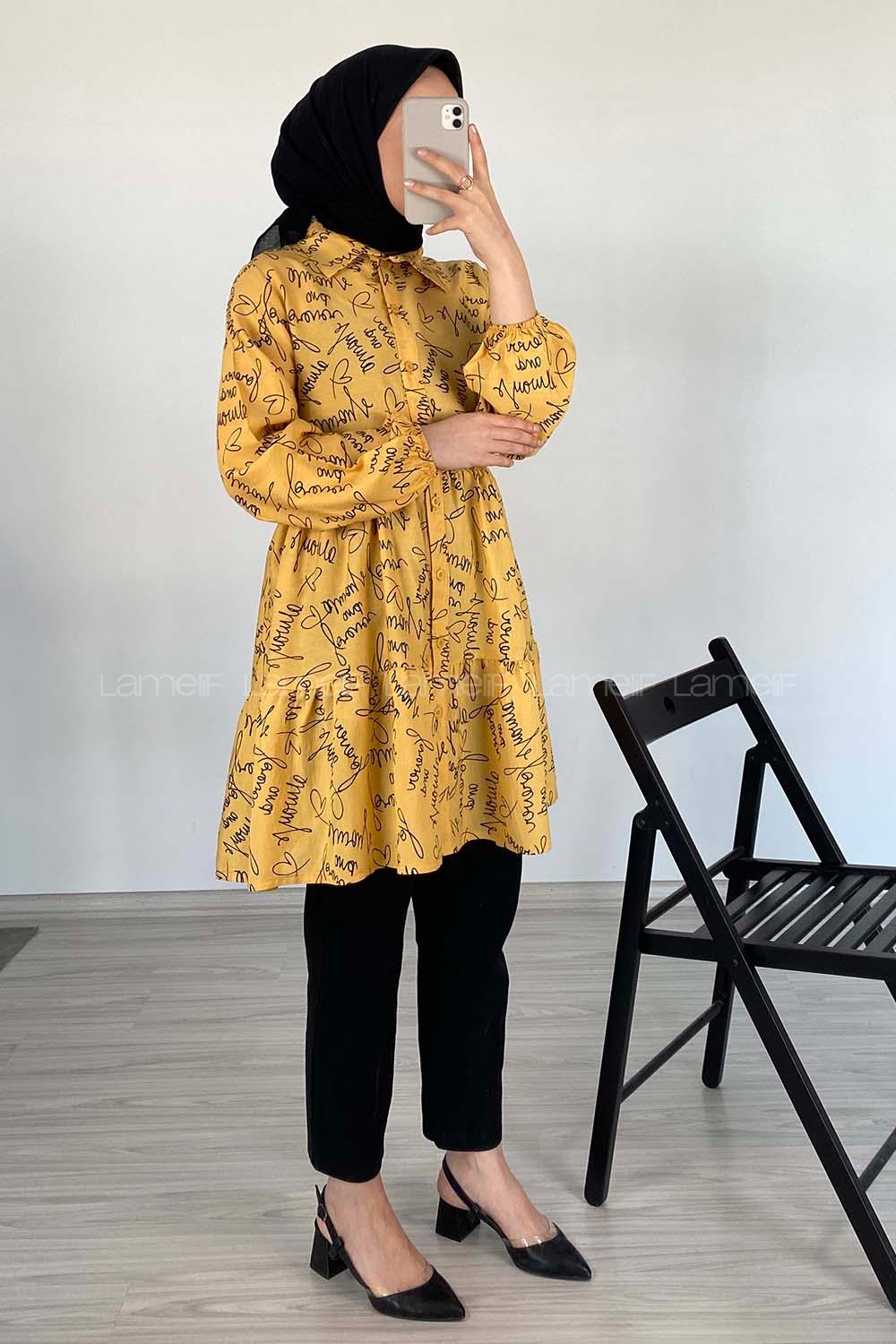 Modalamelif Önü Düğmeli Yazı Baskılı Tunik Hardal Sarısı