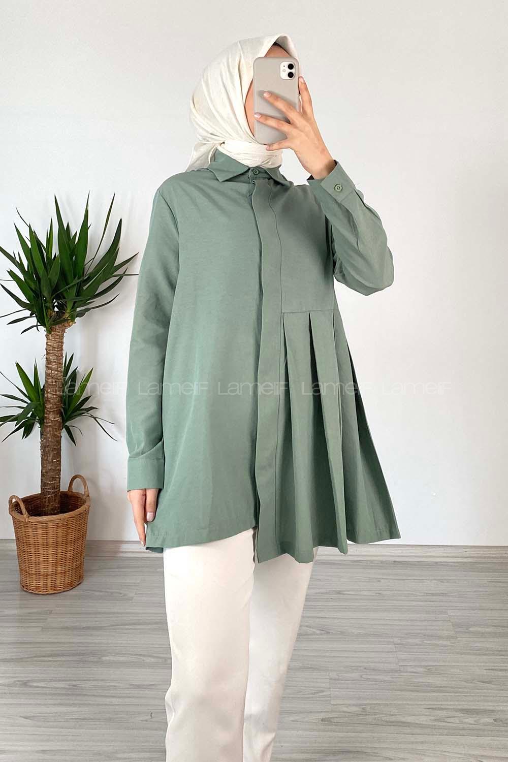 Modalamelif Önü Gizli Düğmeli Pileli Tunik Pastel Yeşili