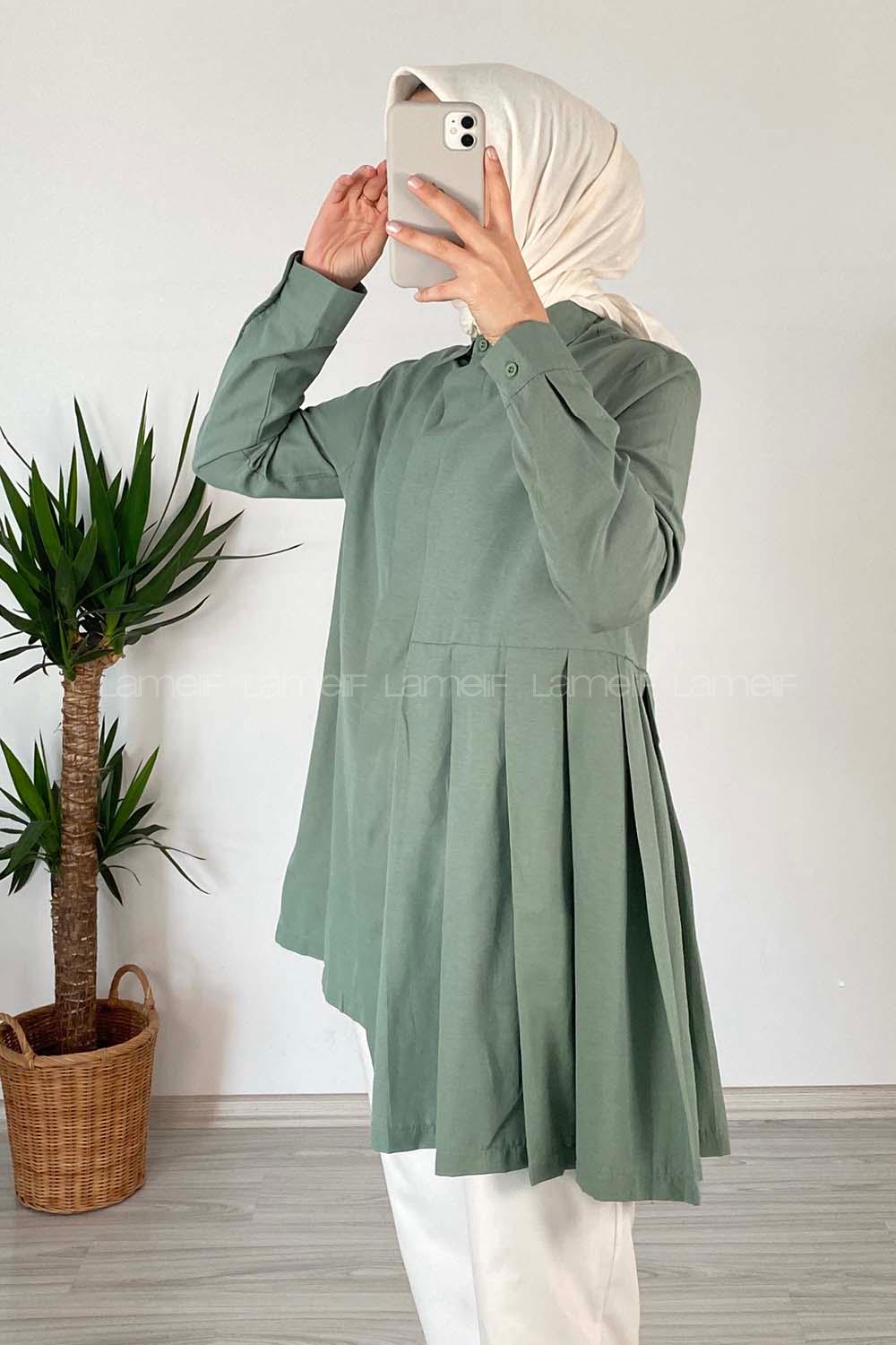 Modalamelif Önü Gizli Düğmeli Pileli Tunik Pastel Yeşili