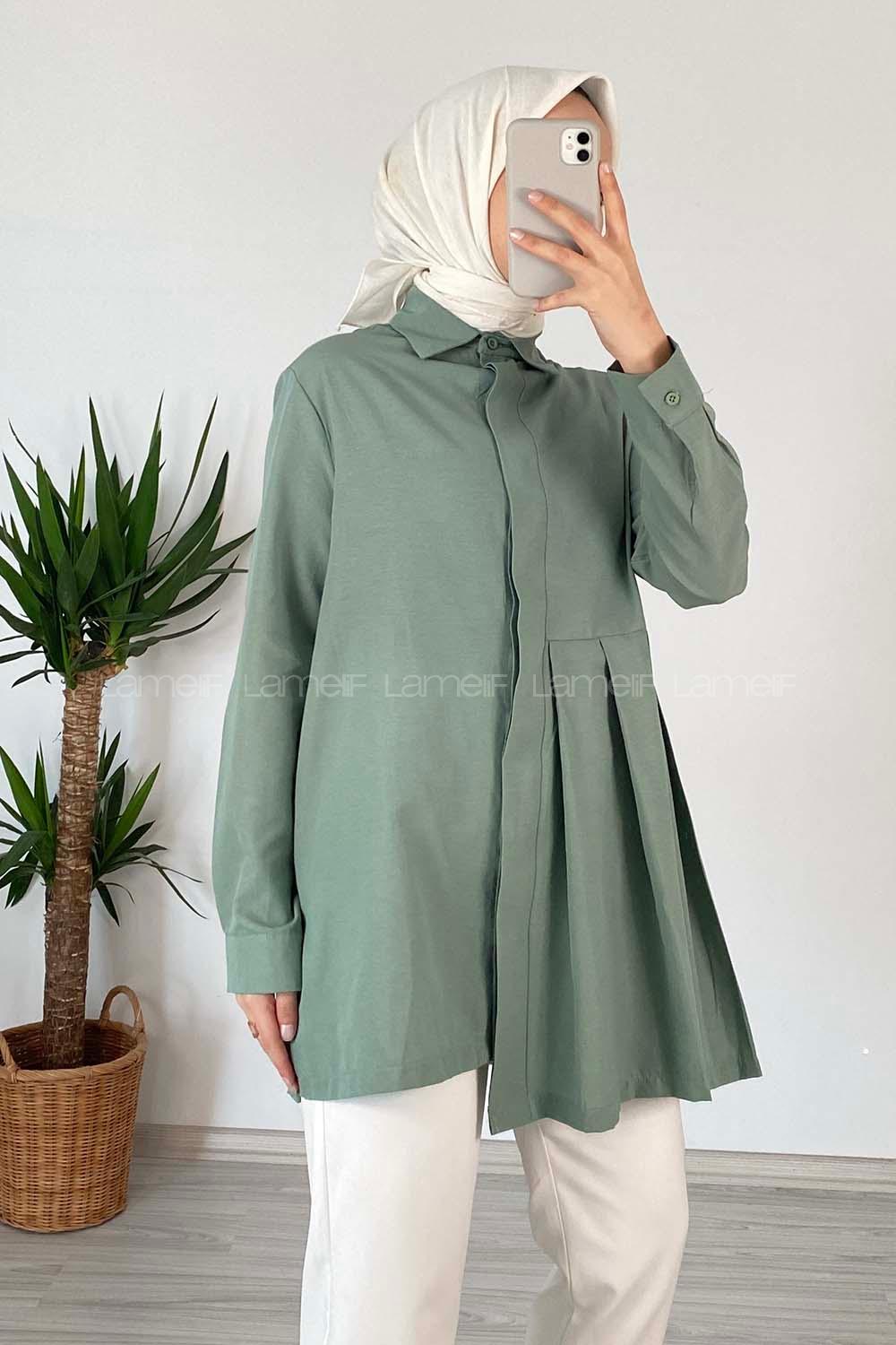 Modalamelif Önü Gizli Düğmeli Pileli Tunik Pastel Yeşili