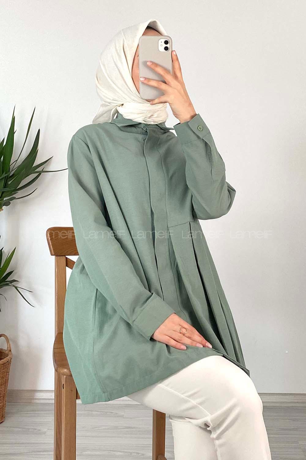 Modalamelif Önü Gizli Düğmeli Pileli Tunik Pastel Yeşili