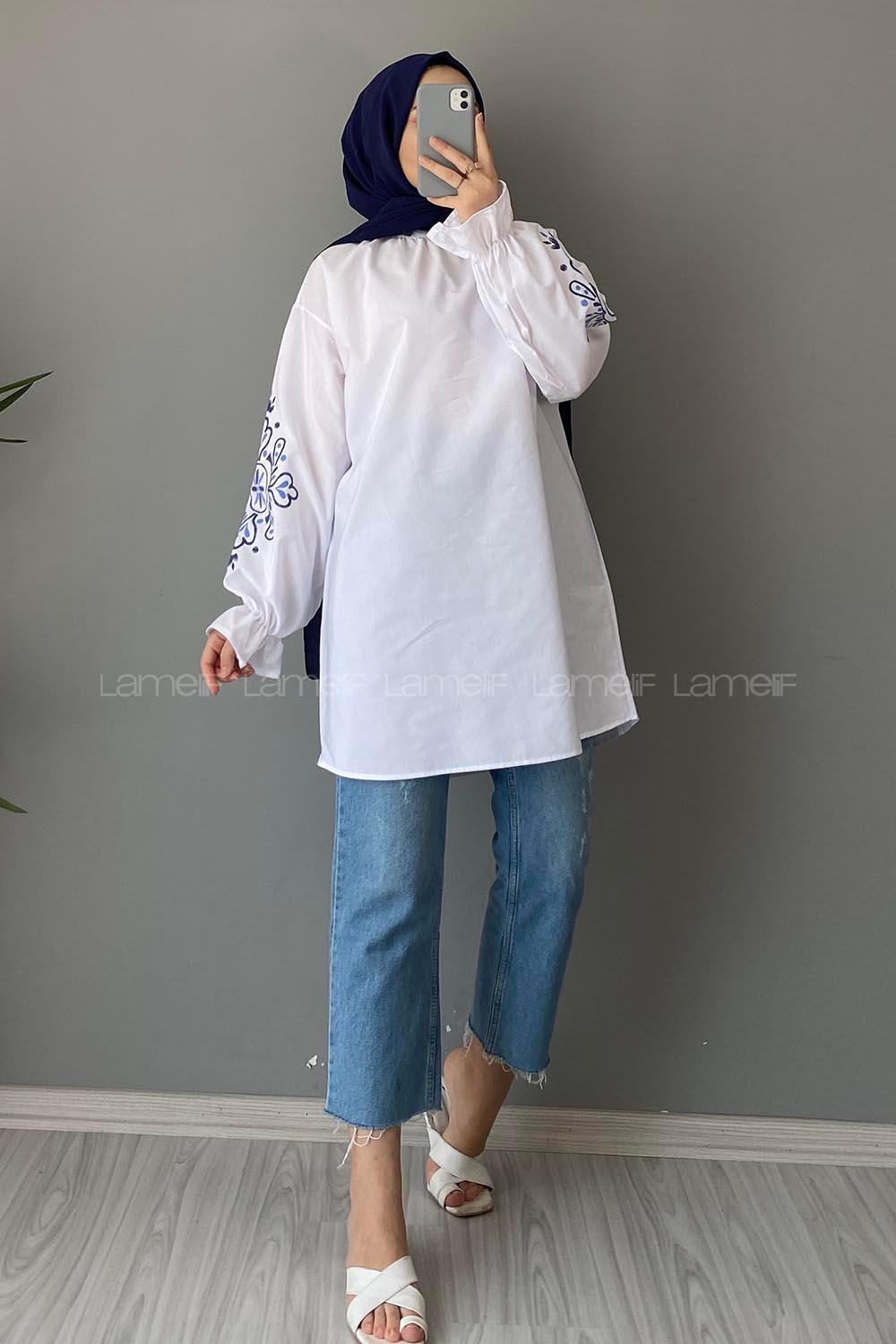 White Mandarin Collar Cotton Printed Tunic