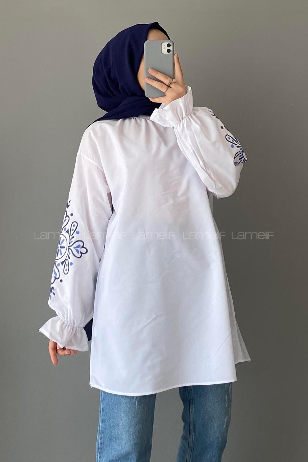 White Mandarin Collar Cotton Printed Tunic