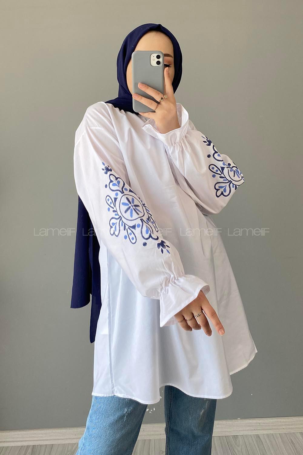 White Mandarin Collar Cotton Printed Tunic