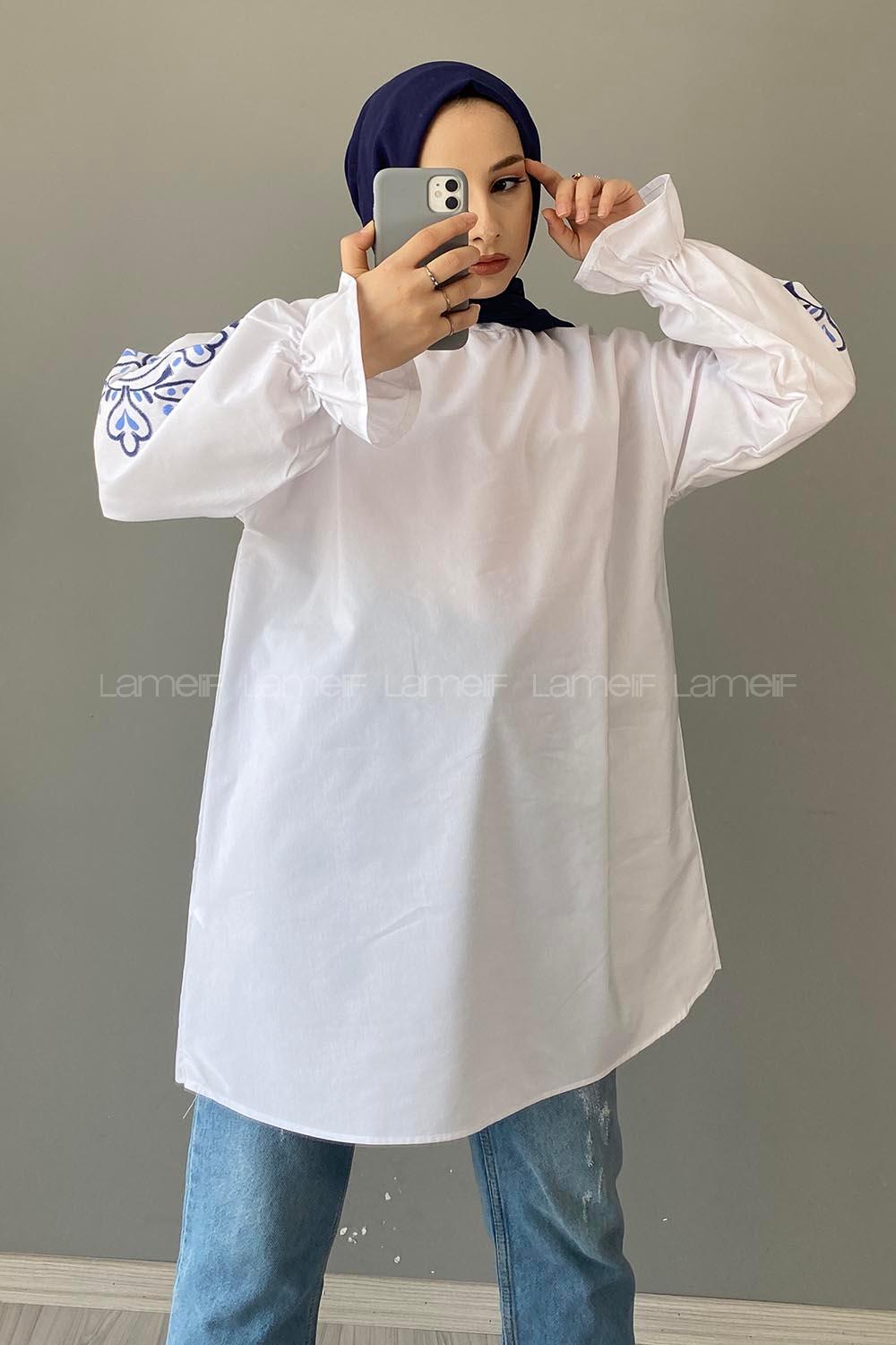 White Mandarin Collar Cotton Printed Tunic