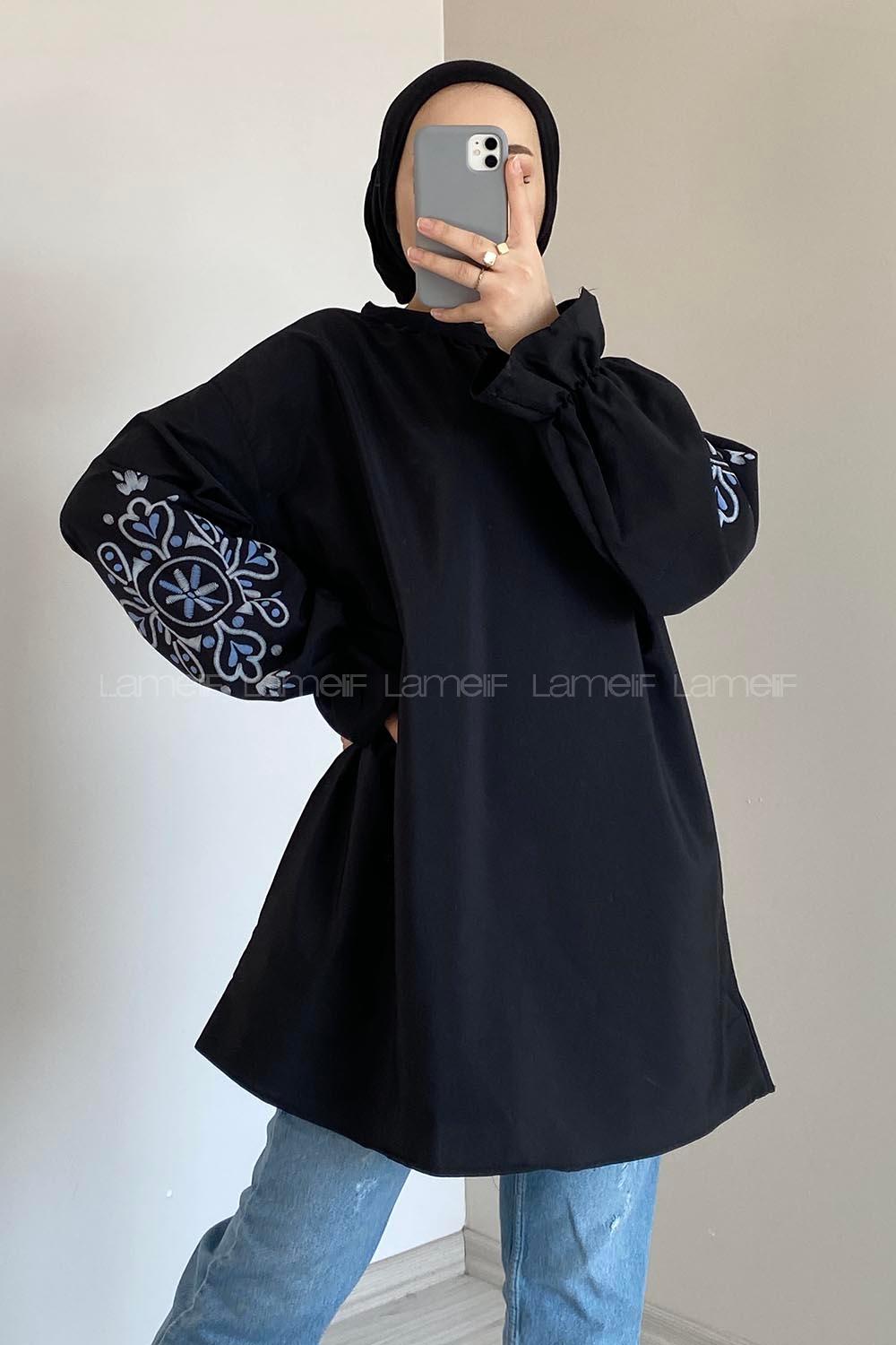 Lamelif Kol Baskılı Tunik Siyah