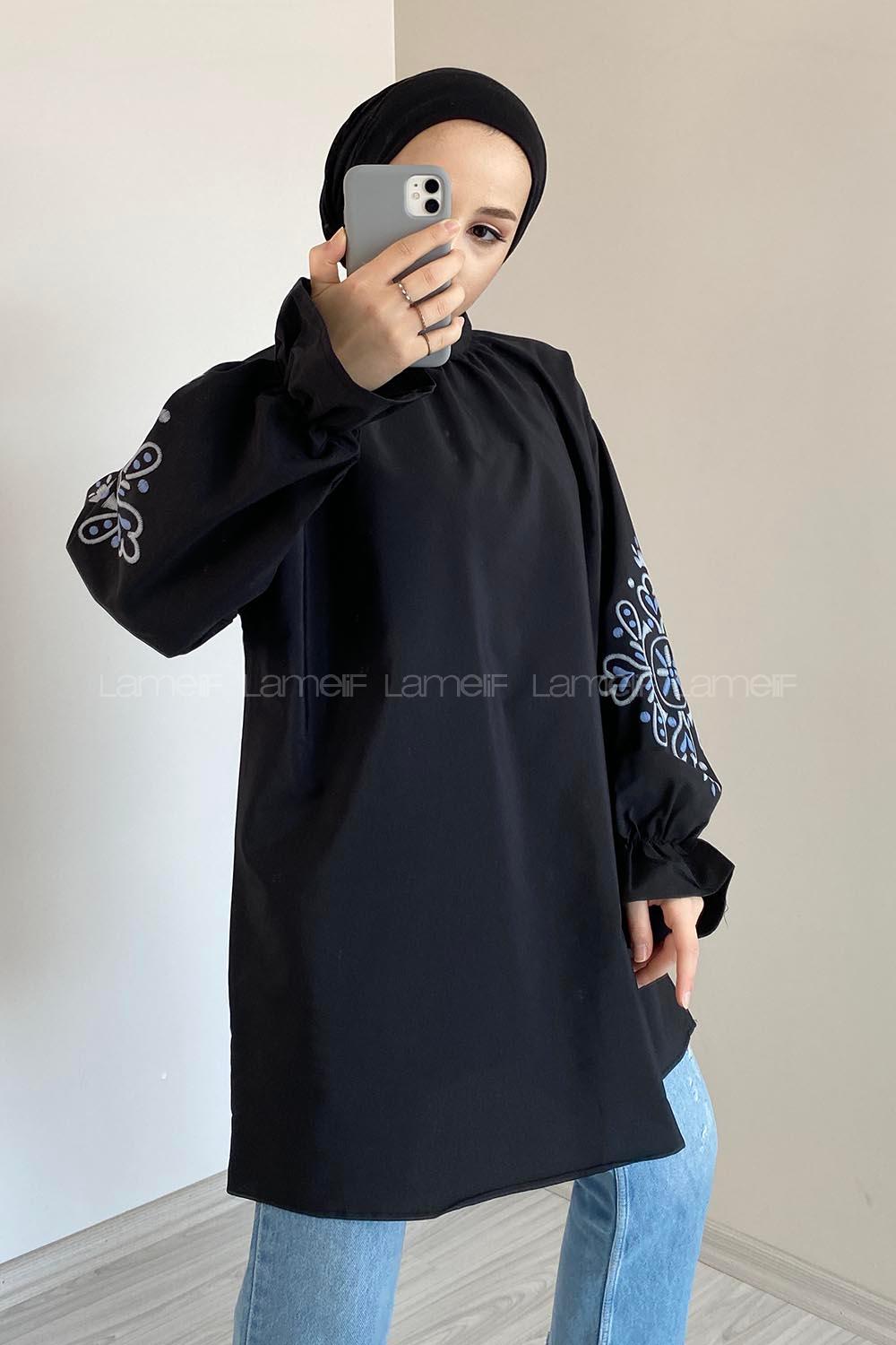 Lamelif Kol Baskılı Tunik Siyah