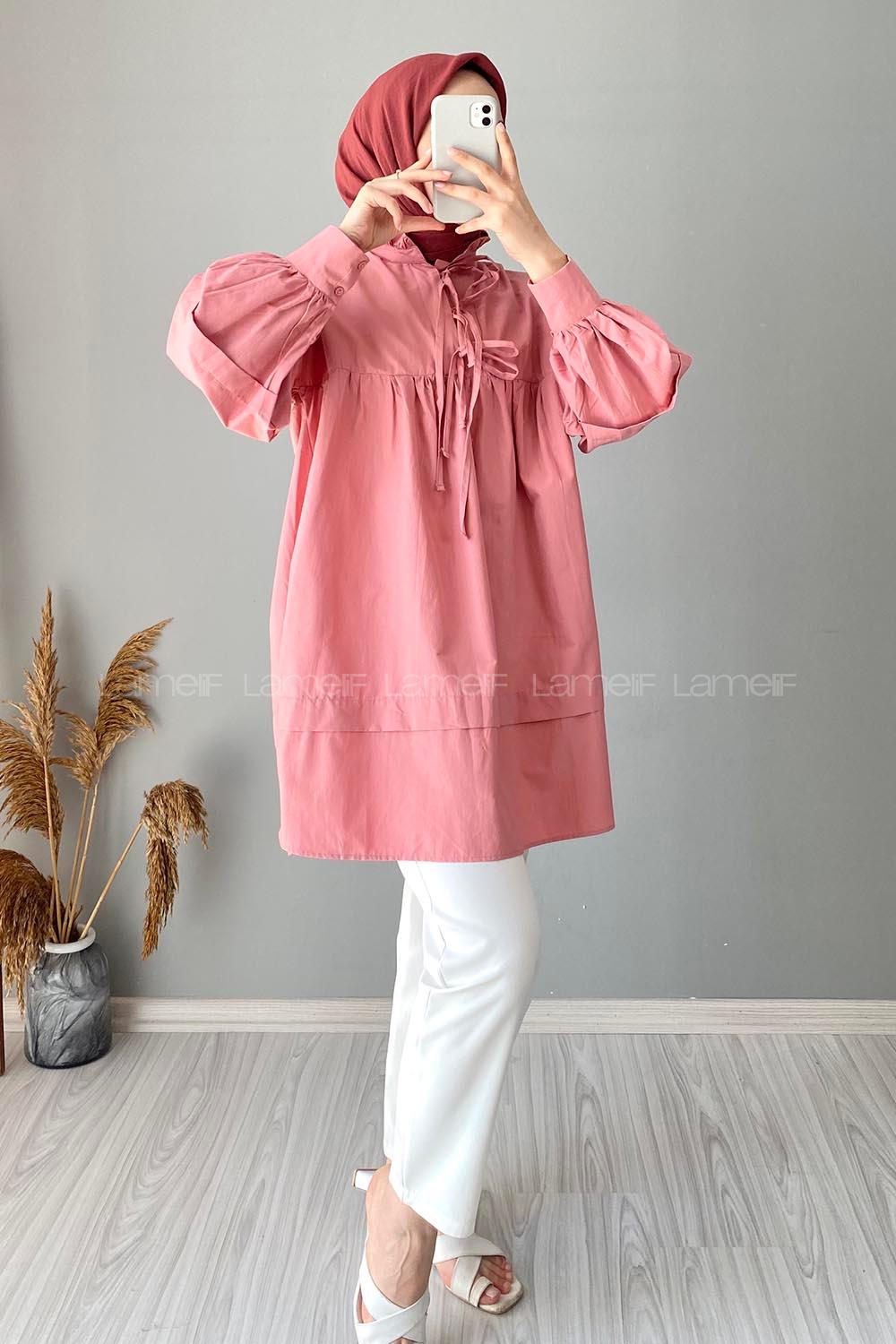 Modalamelif Yaka Fırfır Bağlamalı Tunik Gül