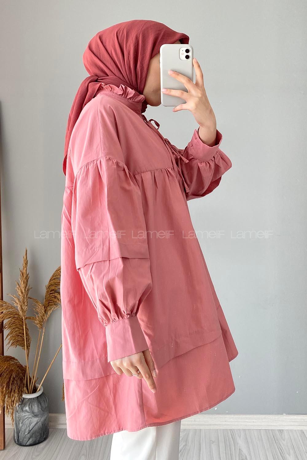 Modalamelif Yaka Fırfır Bağlamalı Tunik Gül