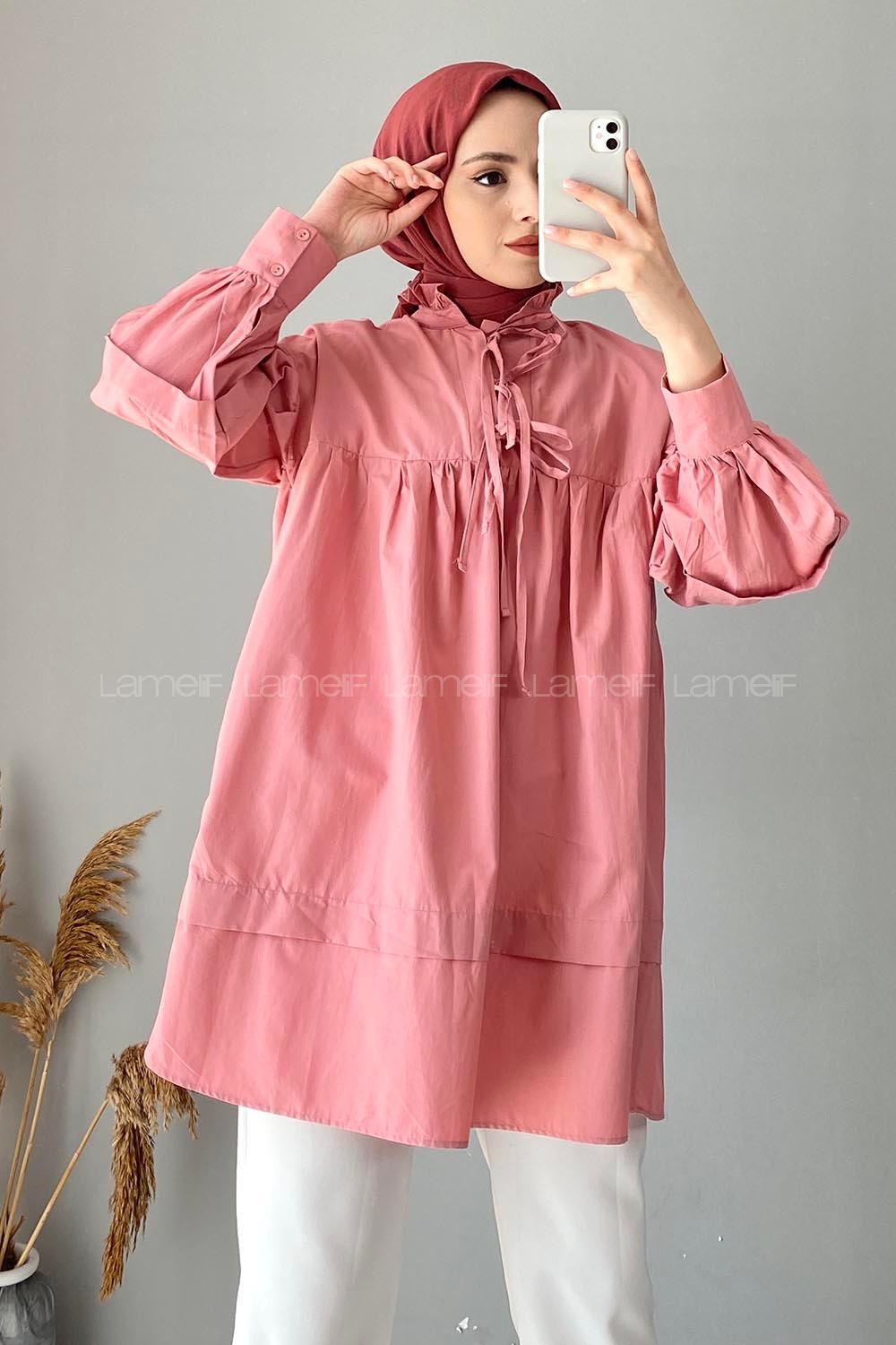 Modalamelif Yaka Fırfır Bağlamalı Tunik Gül