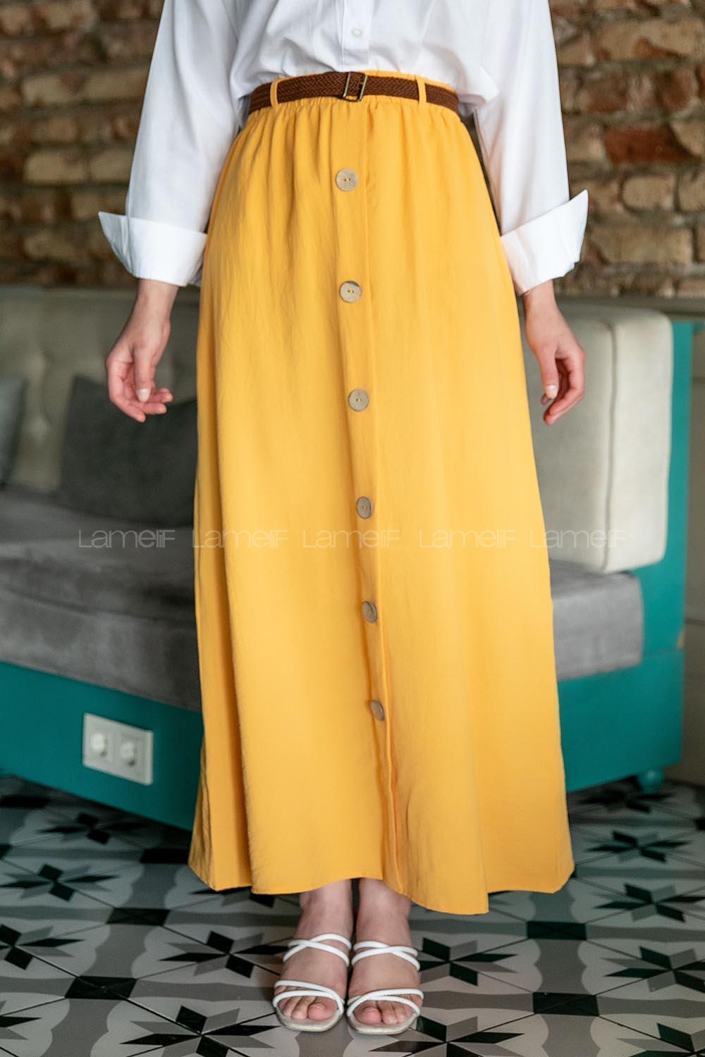 Modalamelif Hasır Kemerli Düğmeli Etek Hardal Sarısı