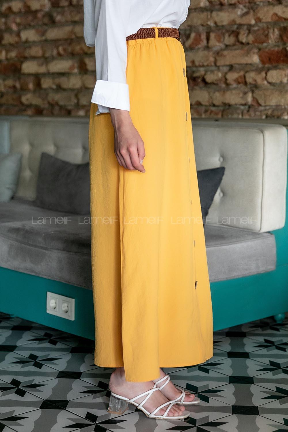 Modalamelif Hasır Kemerli Düğmeli Etek Hardal Sarısı