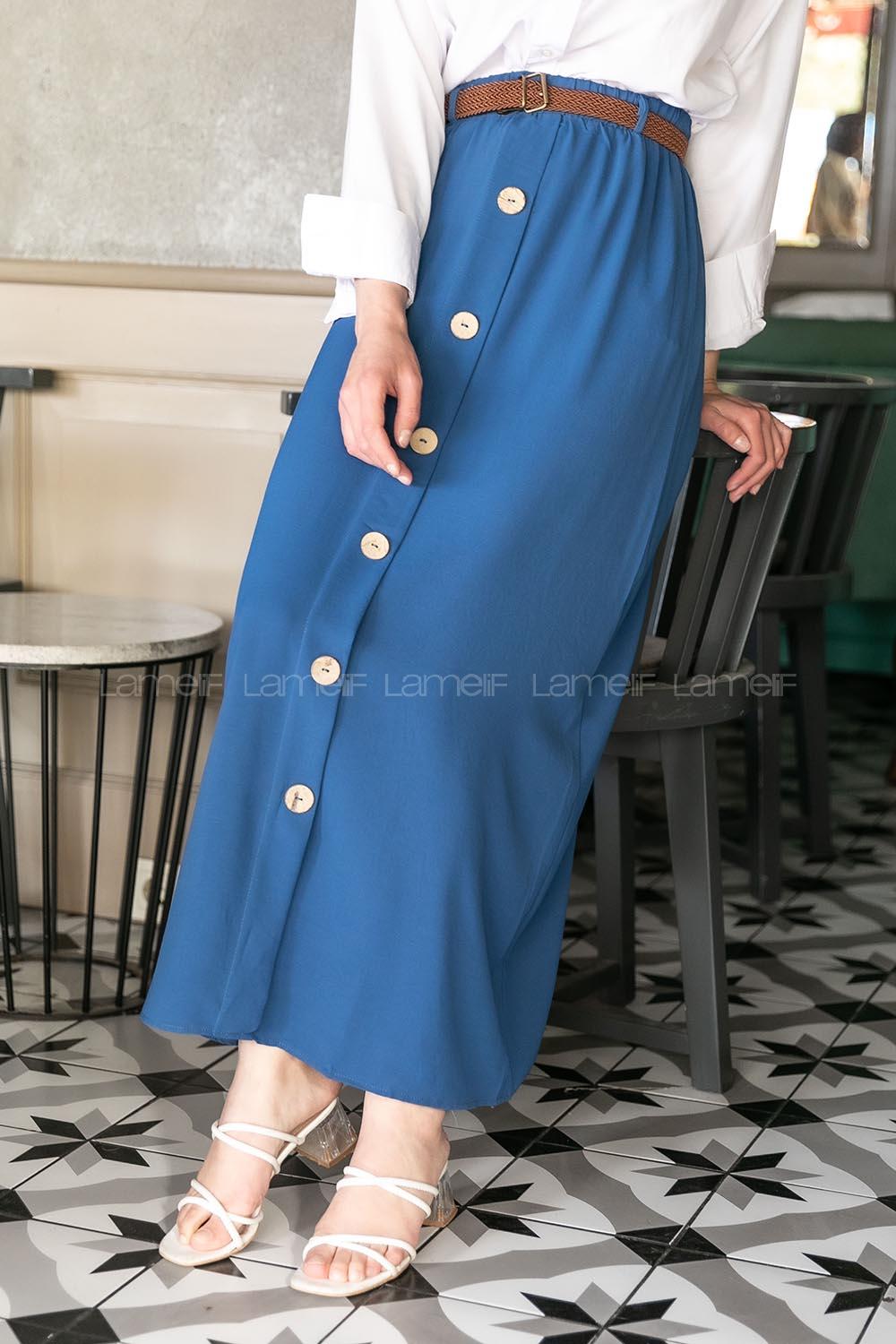 Modalamelif Hasır Kemerli Düğmeli Etek İndigo