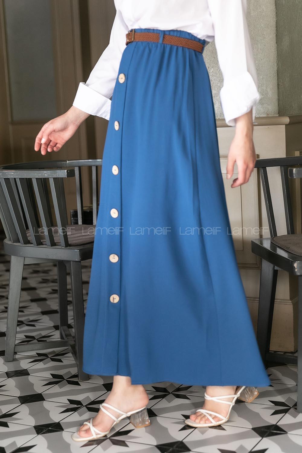 Modalamelif Hasır Kemerli Düğmeli Etek İndigo