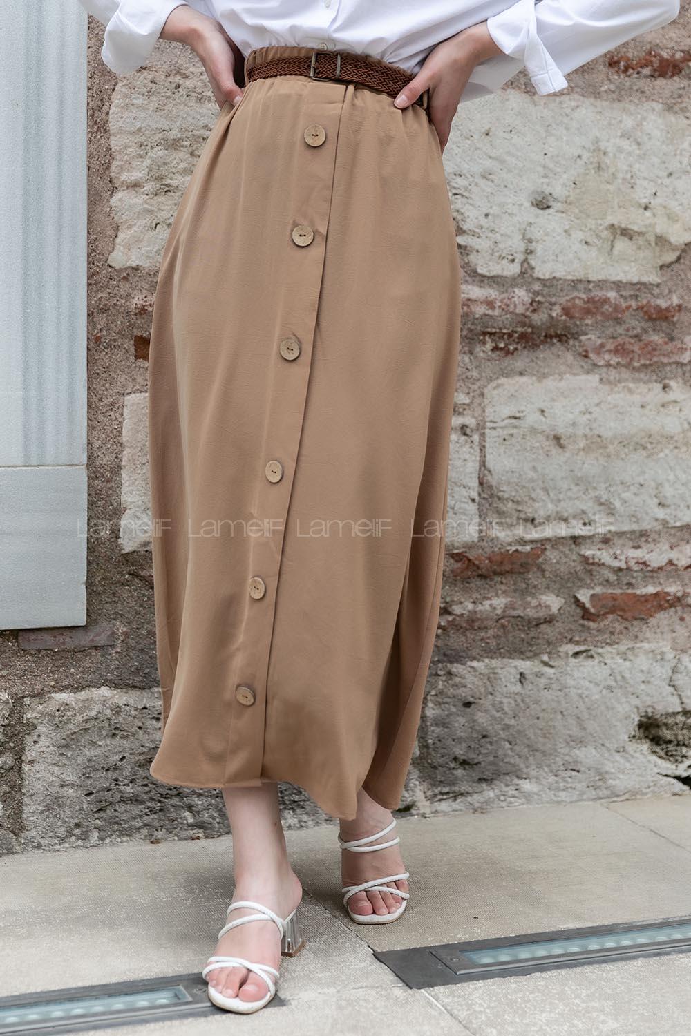 Modalamelif Hasır Kemerli Düğmeli Etek Soft Kahve