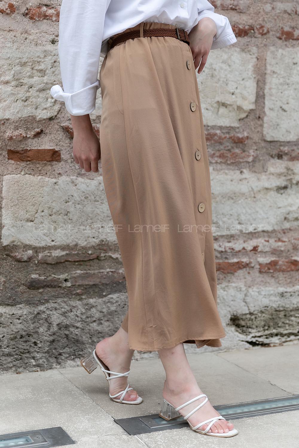 Modalamelif Hasır Kemerli Düğmeli Etek Soft Kahve