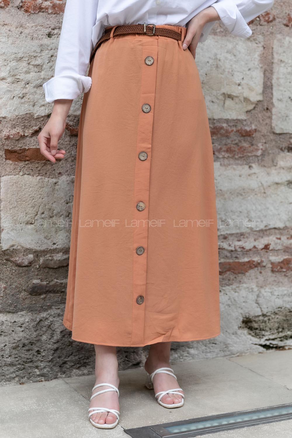 Modalamelif Hasır Kemerli Düğmeli Etek Somon