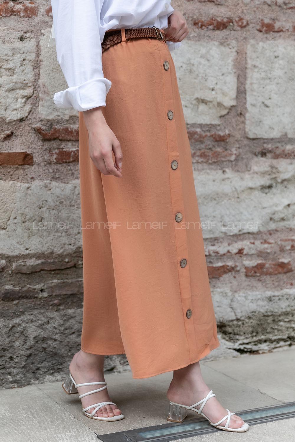 Modalamelif Hasır Kemerli Düğmeli Etek Somon