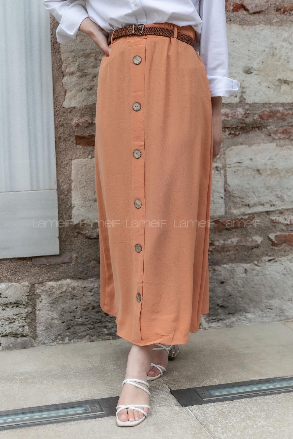 Modalamelif Hasır Kemerli Düğmeli Etek Somon