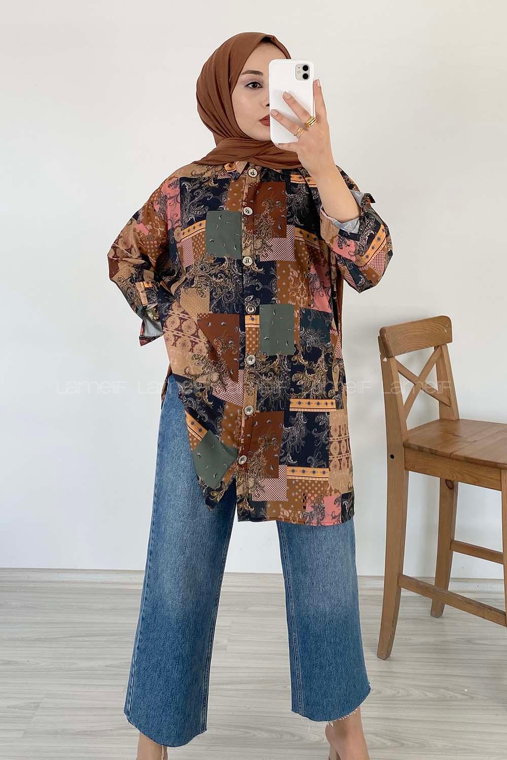 Modalamelif Kilim Desen Dijital Baskı Gömlek Yağ Yeşili