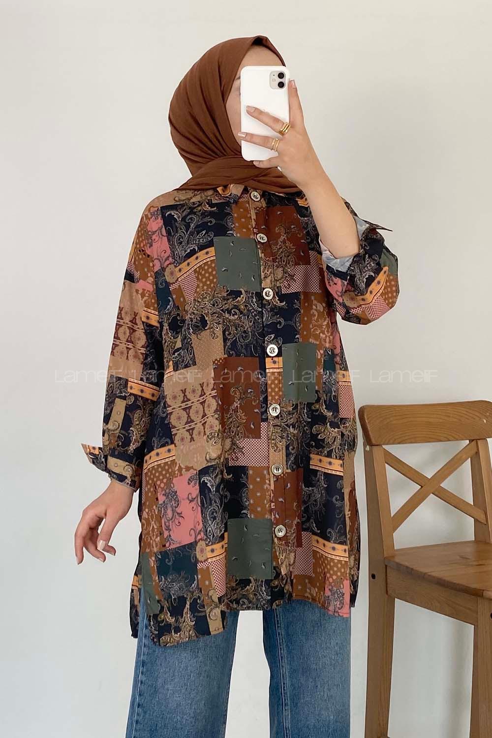 Modalamelif Kilim Desen Dijital Baskı Gömlek Yağ Yeşili