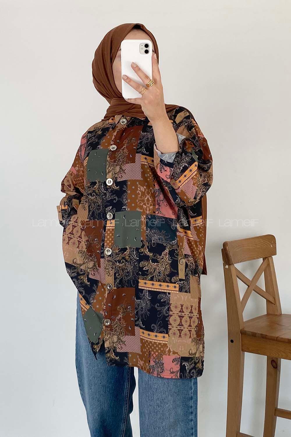 Modalamelif Kilim Desen Dijital Baskı Gömlek Yağ Yeşili