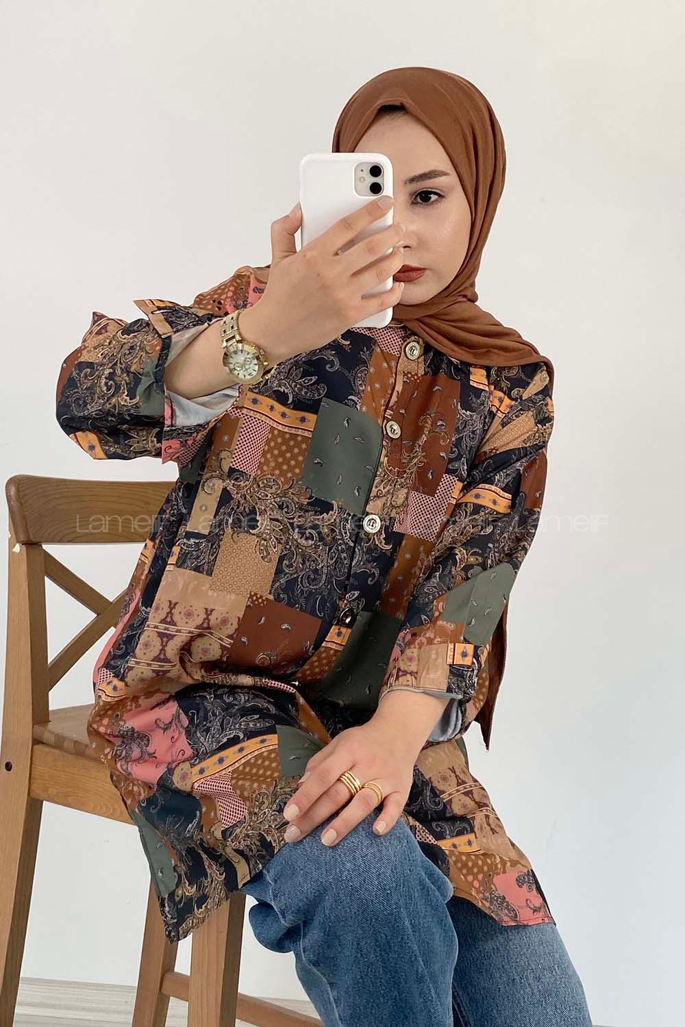 Modalamelif Kilim Desen Dijital Baskı Gömlek Yağ Yeşili