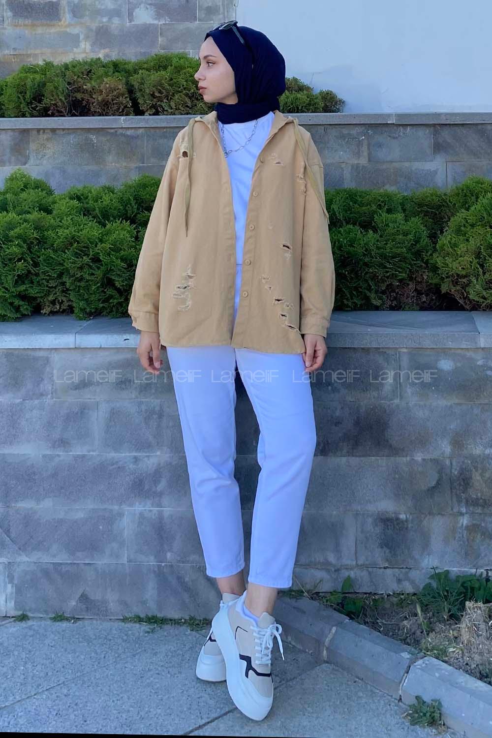 Modalamelif Kapşonlu Lazerli Kot Ceket Camel