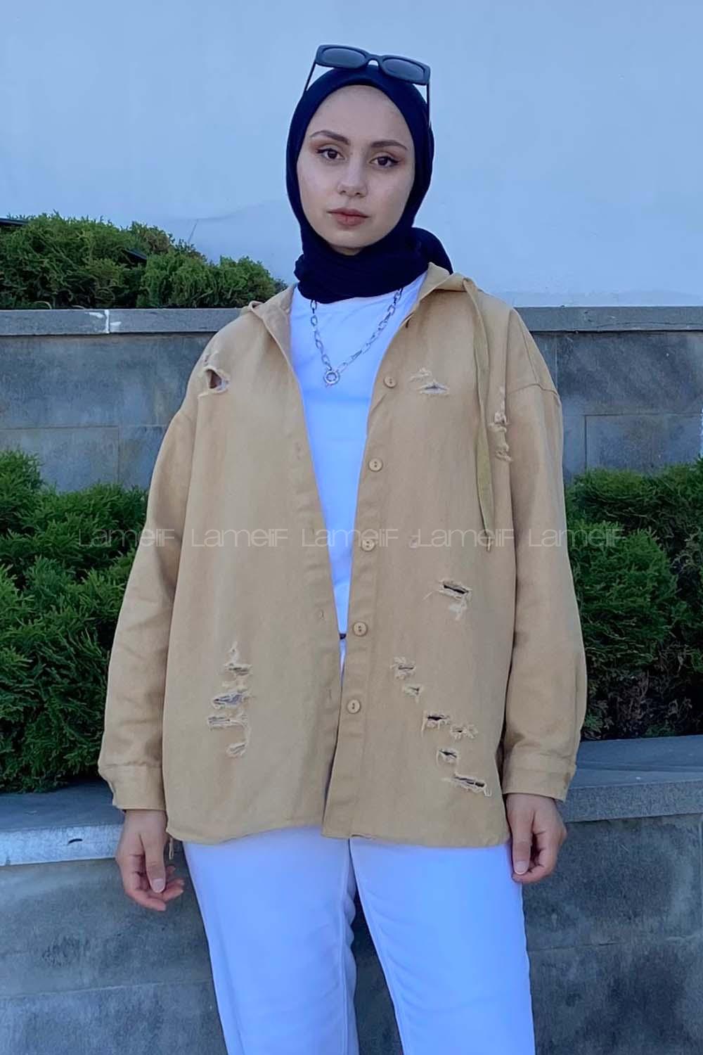 Modalamelif Kapşonlu Lazerli Kot Ceket Camel