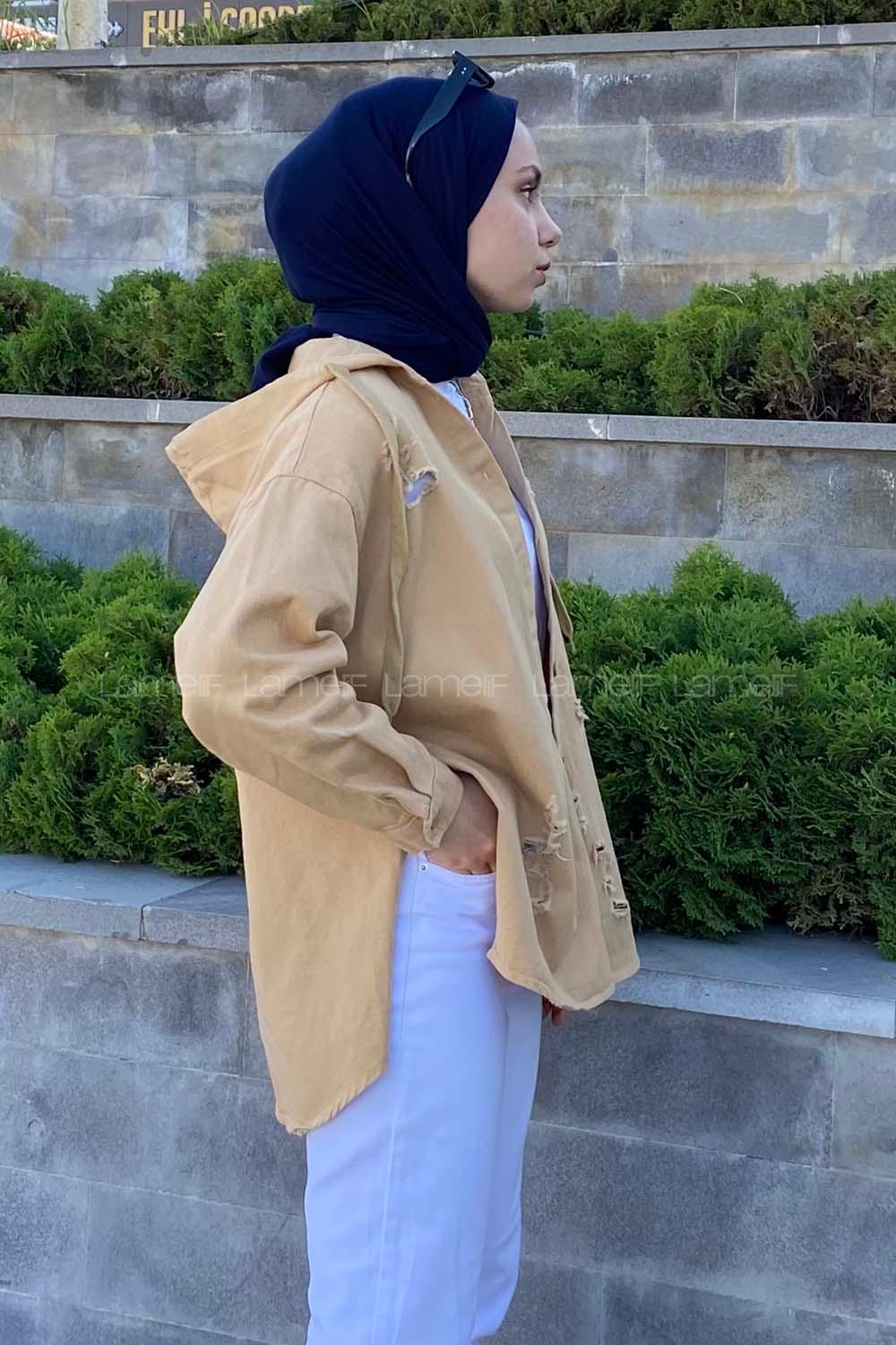 Modalamelif Kapşonlu Lazerli Kot Ceket Camel