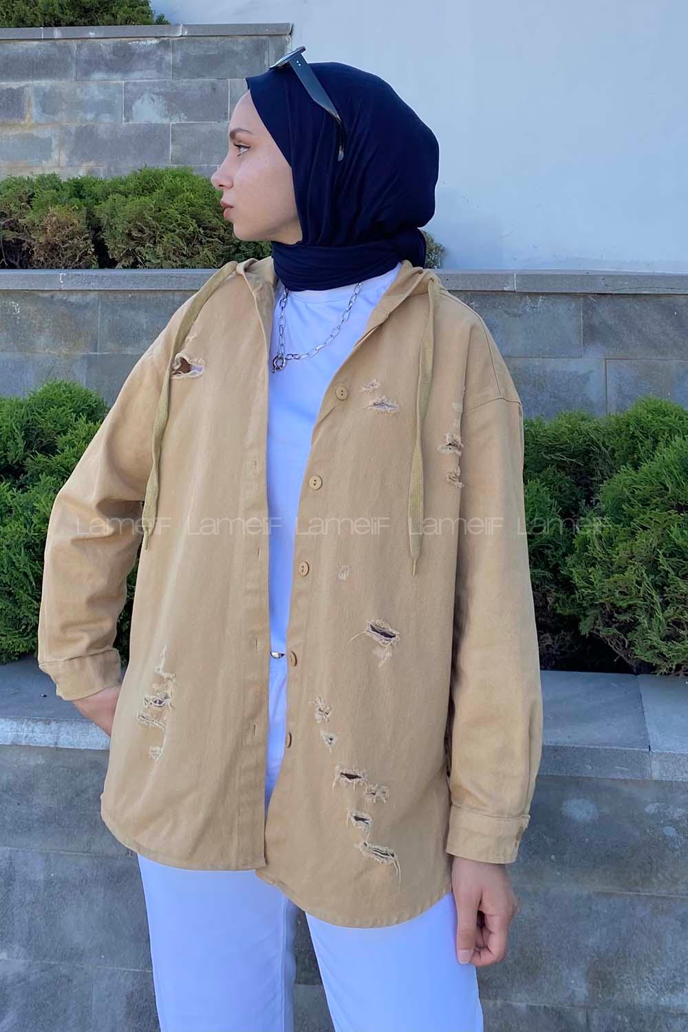 Modalamelif Kapşonlu Lazerli Kot Ceket Camel