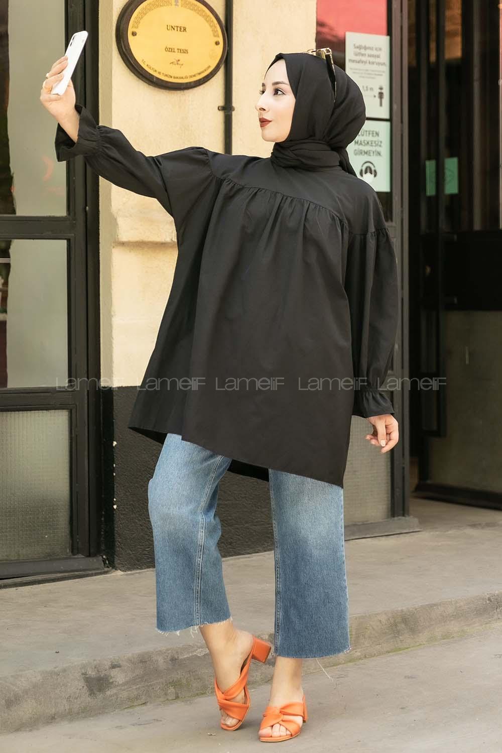 Modalamelif  Hakim Yaka Kol Büzgülü Tunik Siyah