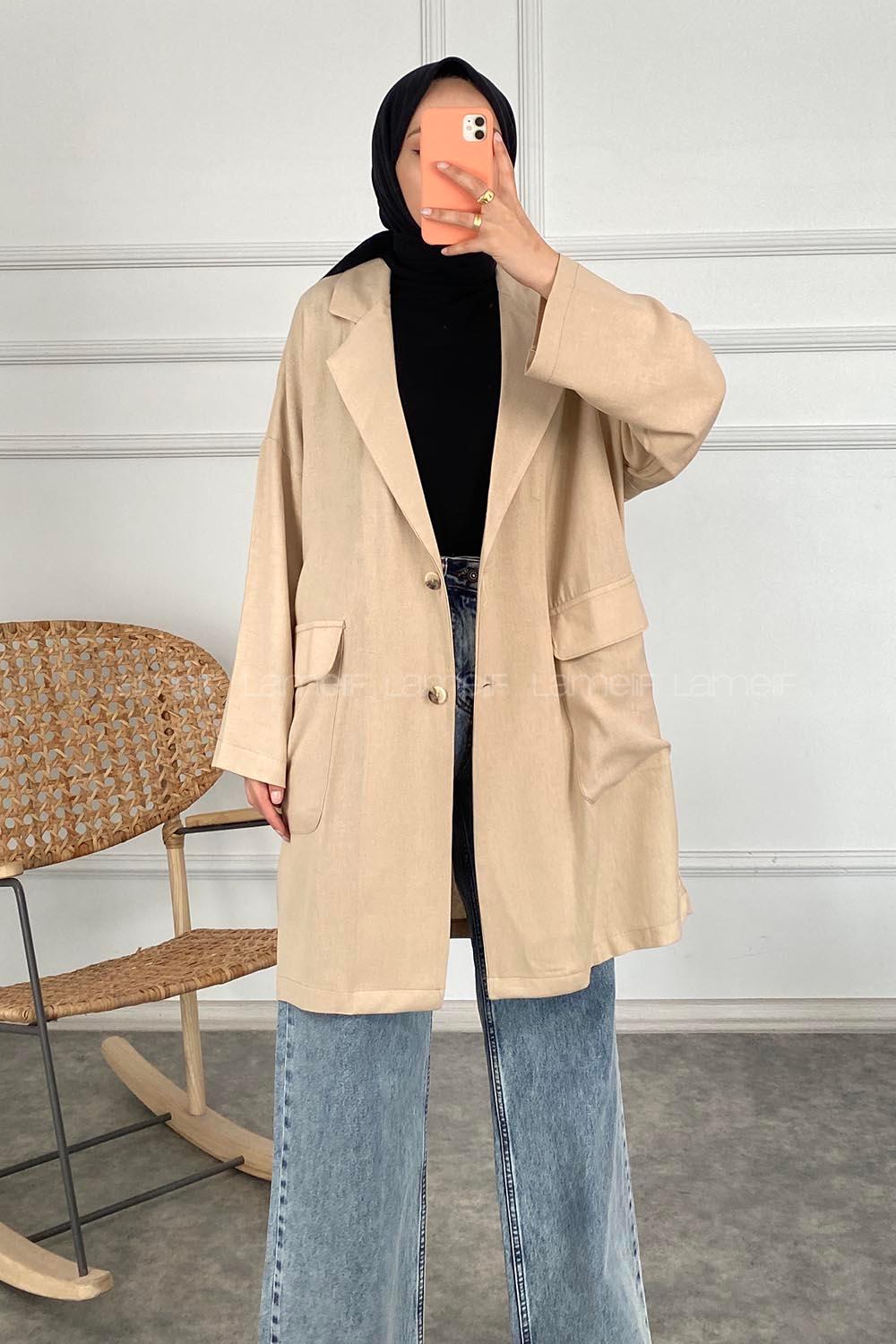 Modalamelif Kapak Cepli Oversize Keten Ceket Taş