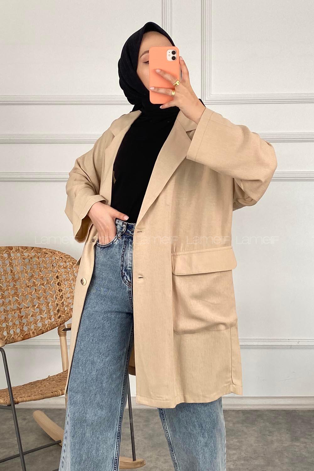 Modalamelif Kapak Cepli Oversize Keten Ceket Taş