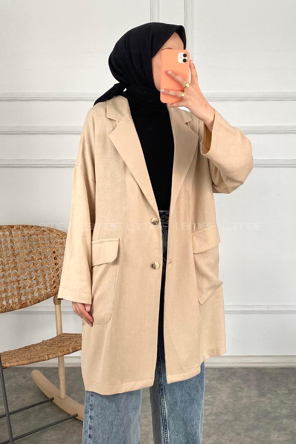 Modalamelif Kapak Cepli Oversize Keten Ceket Taş
