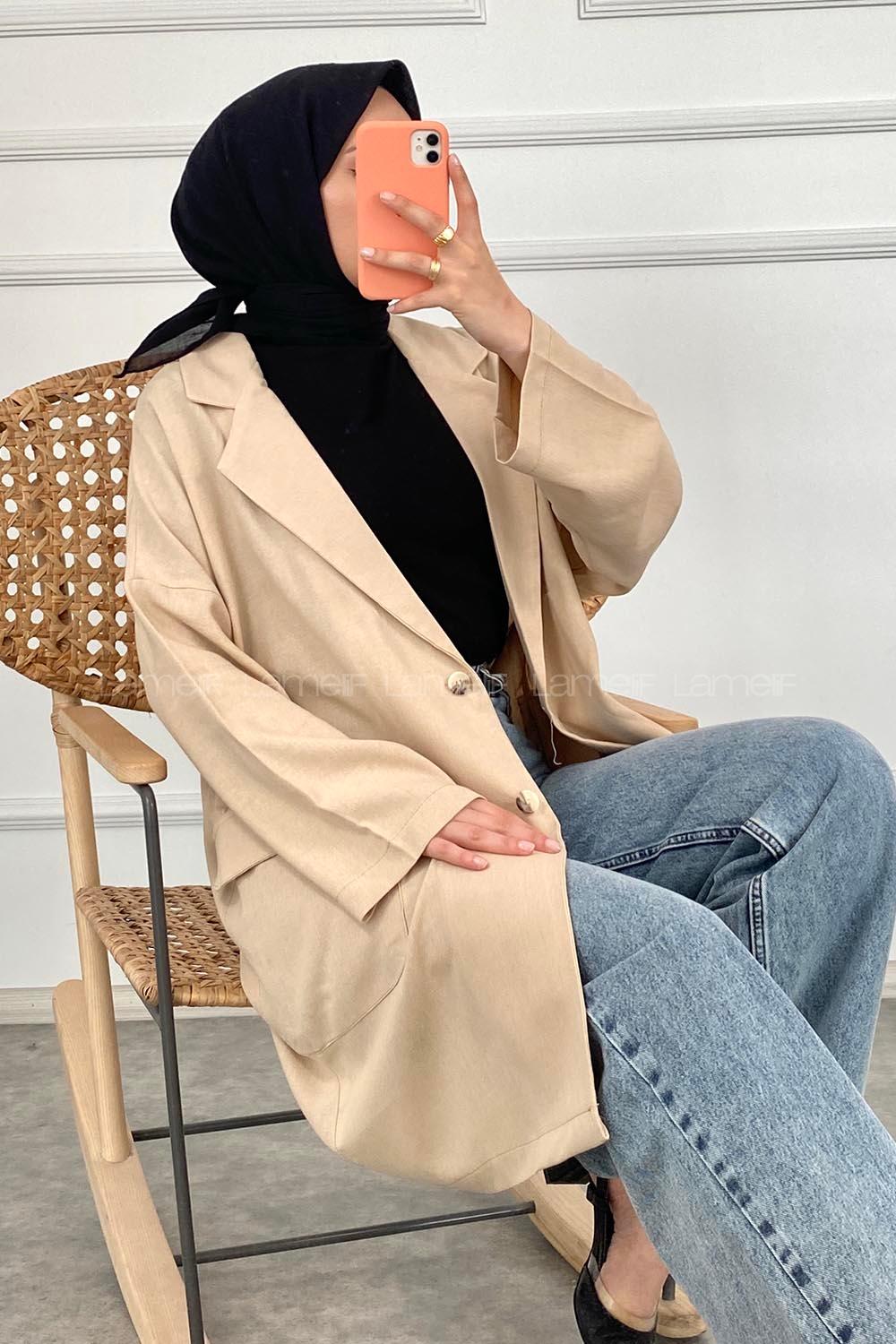 Modalamelif Kapak Cepli Oversize Keten Ceket Taş