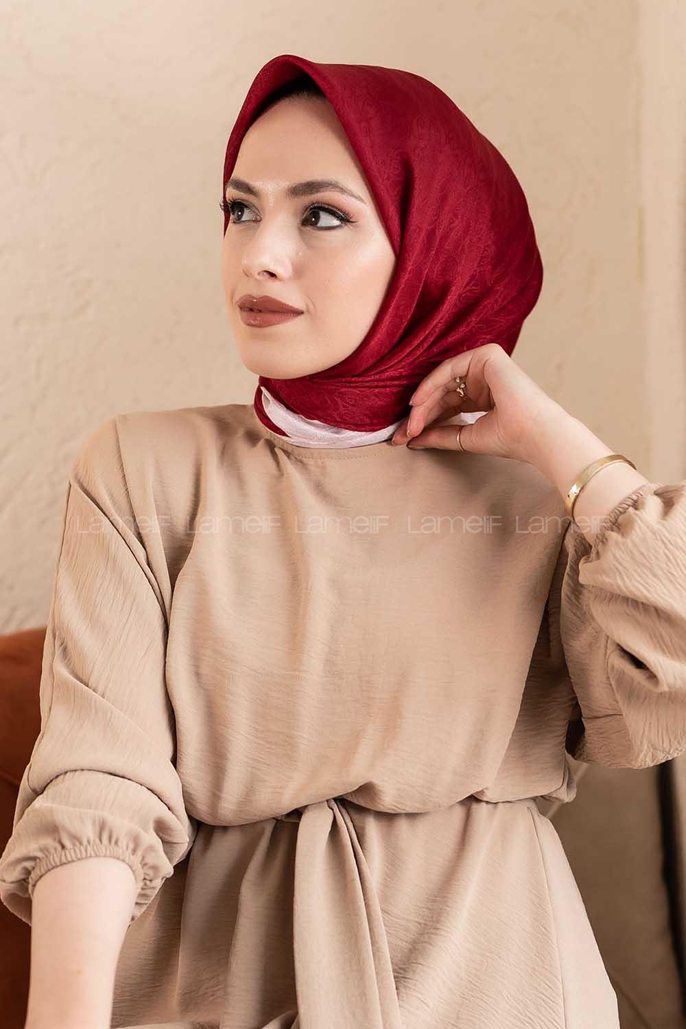 Modalamelif Monoğram Eşarp Bordo-Pudra