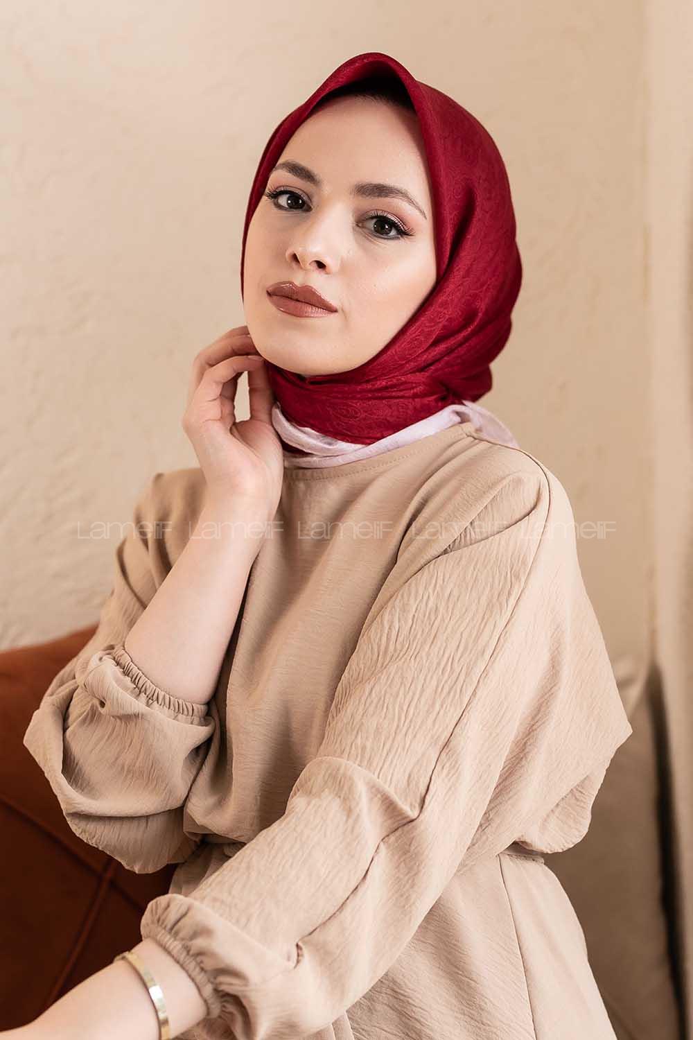 Modalamelif Monoğram Eşarp Bordo-Pudra