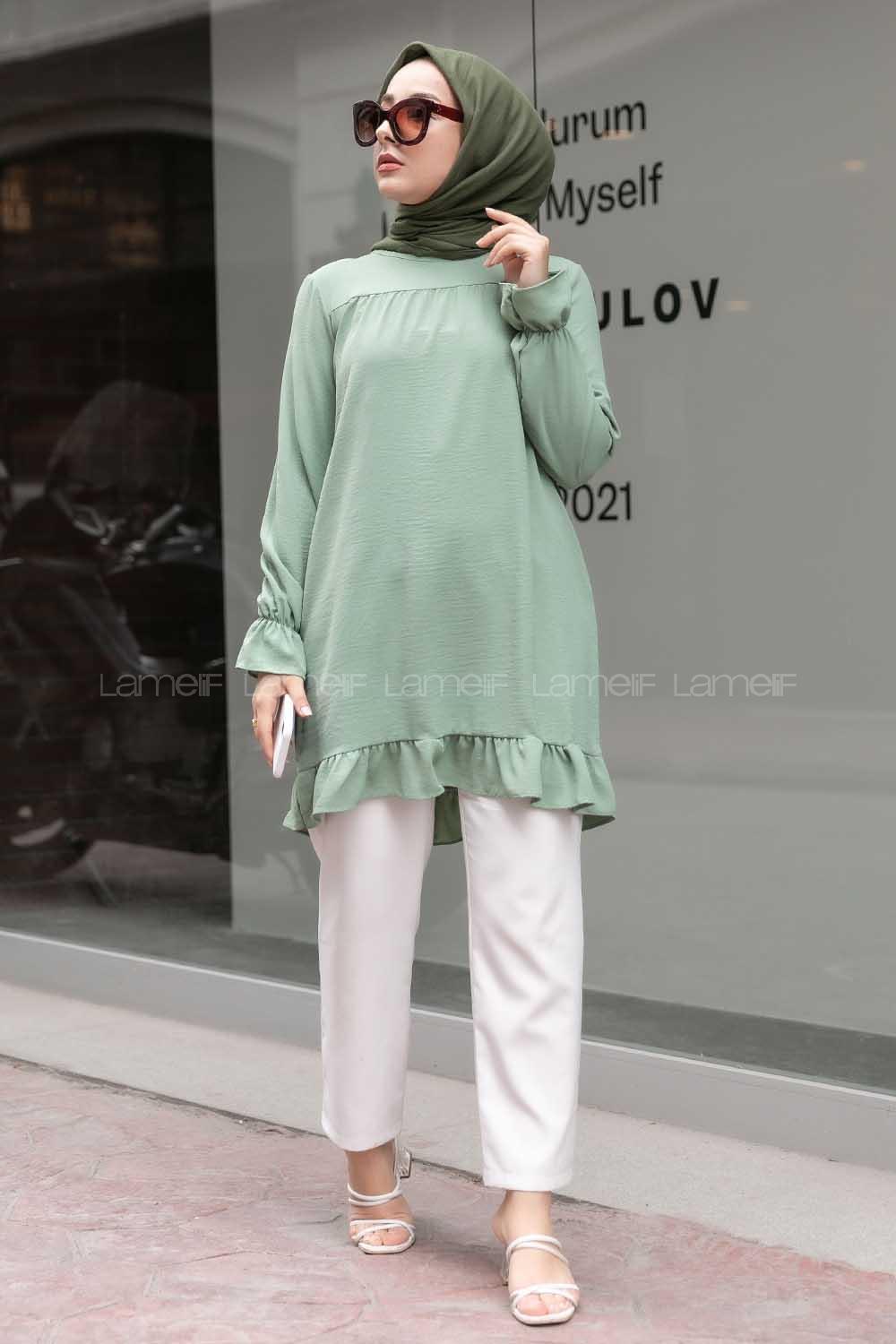Modalamelif Bisiklet Yaka Etek Ucu Fırfırlı Tunik Çağla Yeşili