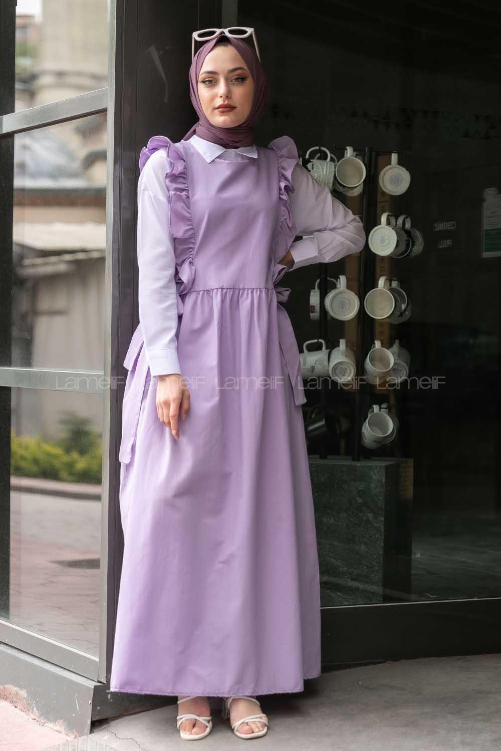 Modalamelif Omuz Fırfırlı Kuşak Bağlamalı Jile Lila