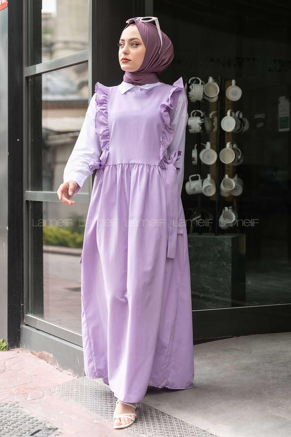 Modalamelif Omuz Fırfırlı Kuşak Bağlamalı Jile Lila